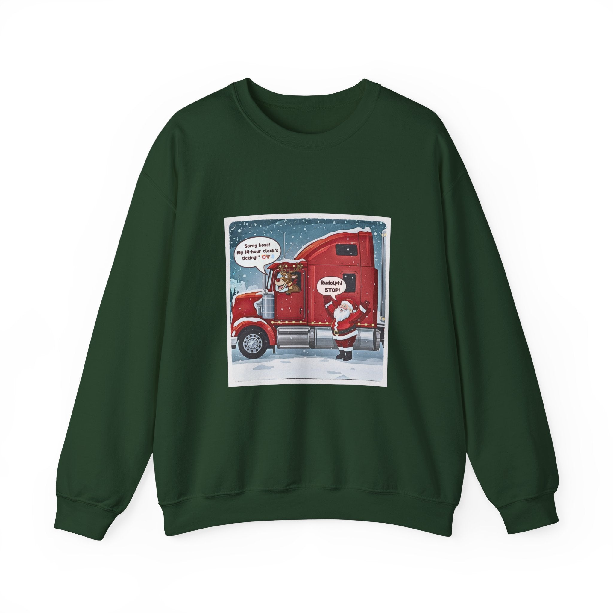 Funny Truck Driver Crewneck – “ELD Clock’s Ticking” Santa & Rudolph Trucker Christmas Sweatshirt