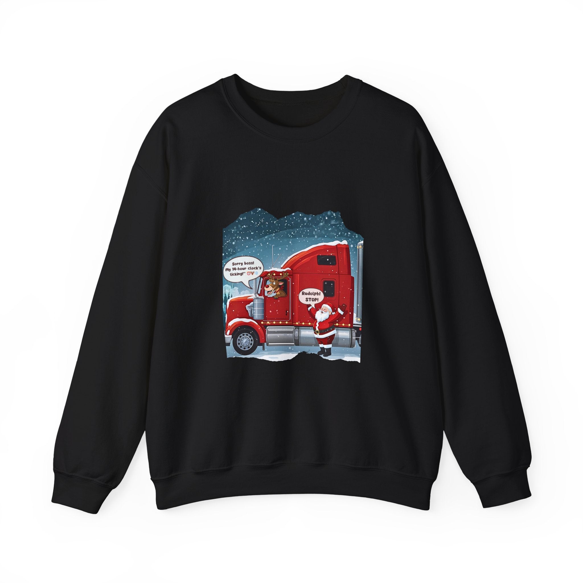 Funny Truck Driver Crewneck – “ELD Clock’s Ticking” Santa & Rudolph Trucker Christmas Sweatshirt