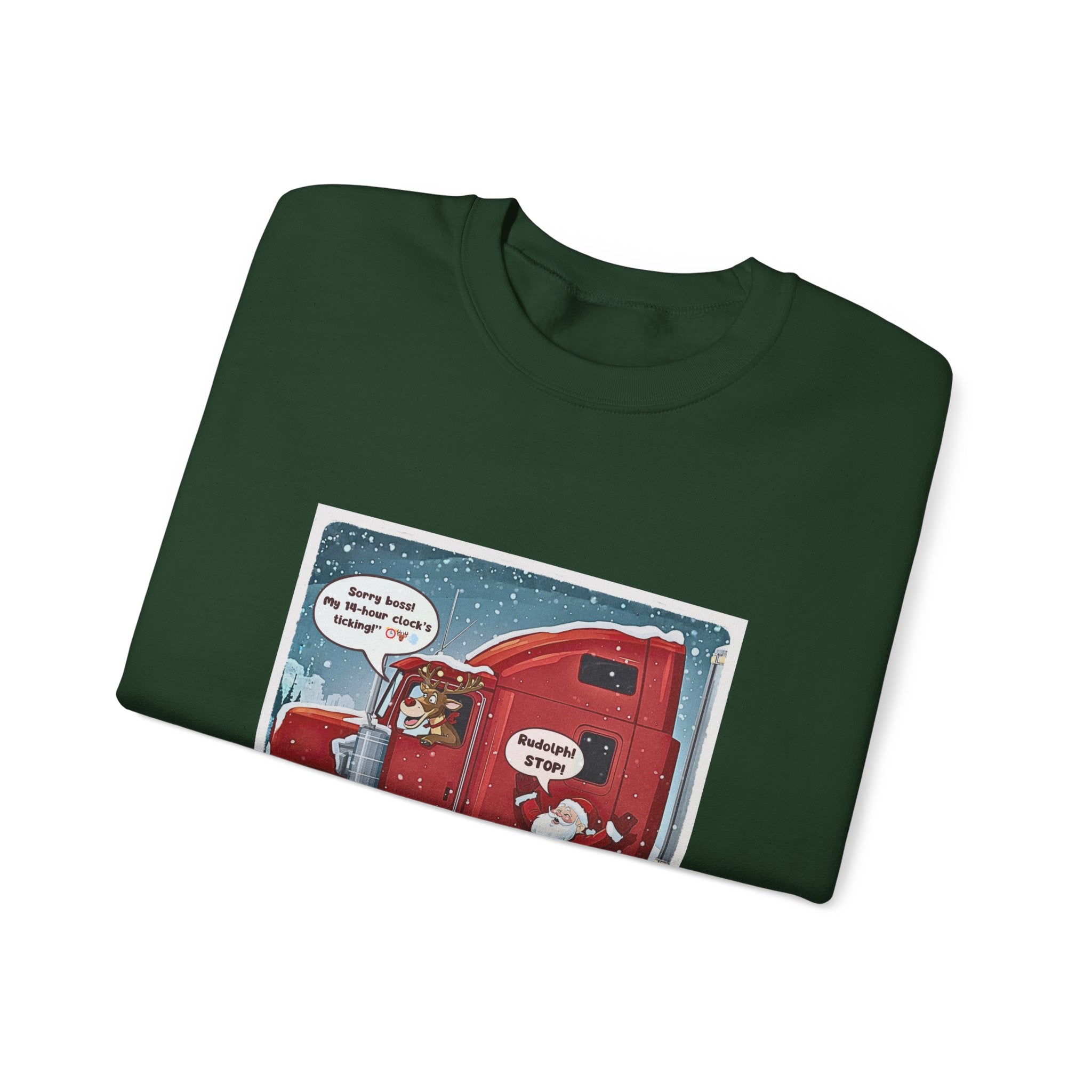 Funny Truck Driver Crewneck – “ELD Clock’s Ticking” Santa & Rudolph Trucker Christmas Sweatshirt