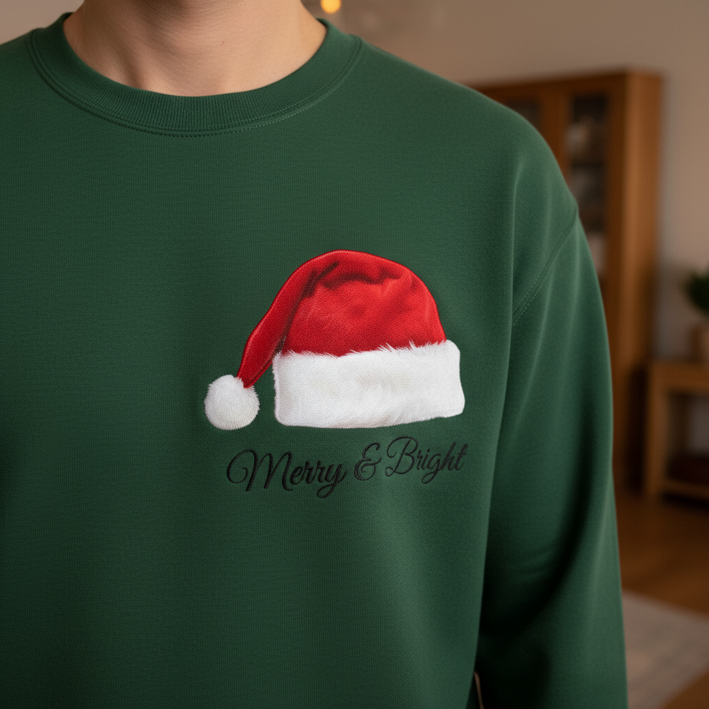Santa Hat Merry and Bright Unisex Crew Neck Sweatshirt