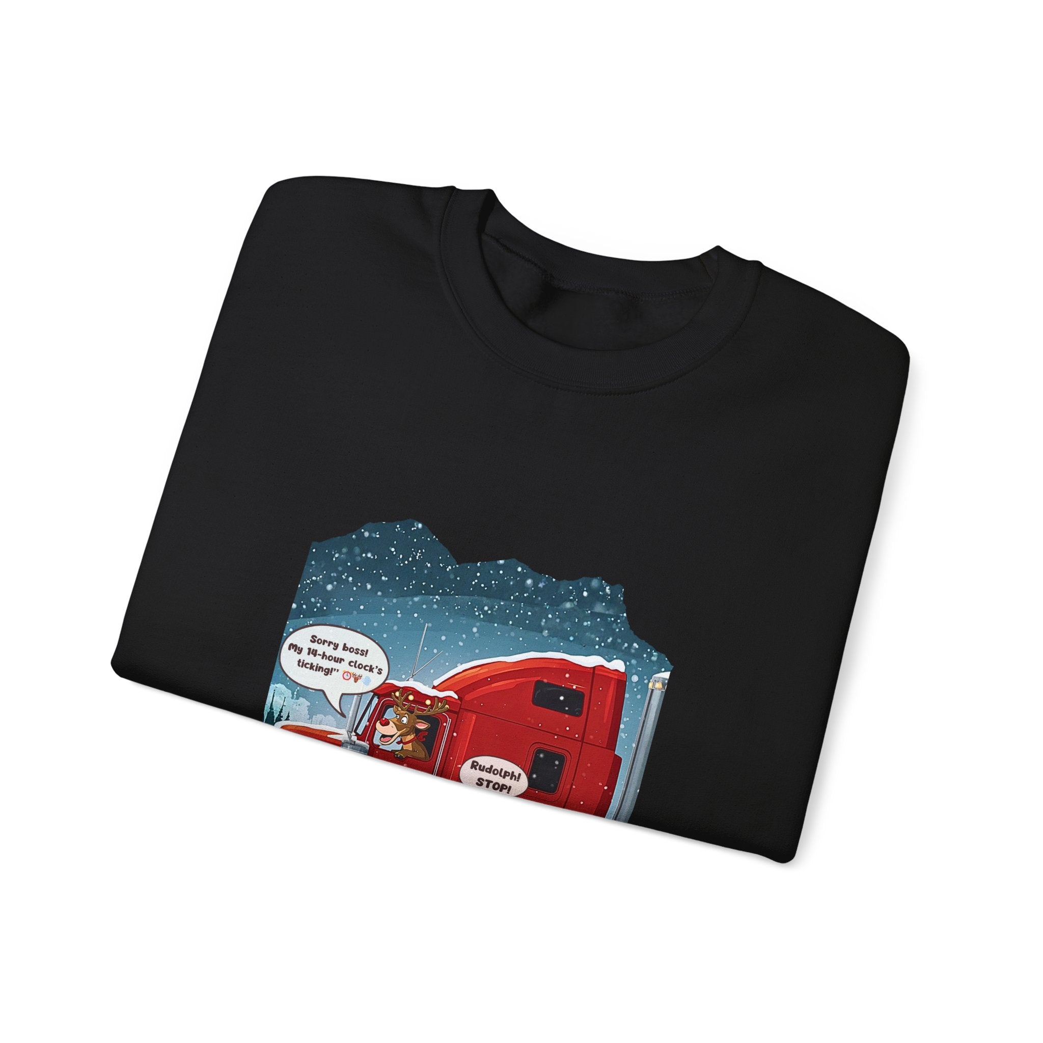 Funny Truck Driver Crewneck – “ELD Clock’s Ticking” Santa & Rudolph Trucker Christmas Sweatshirt