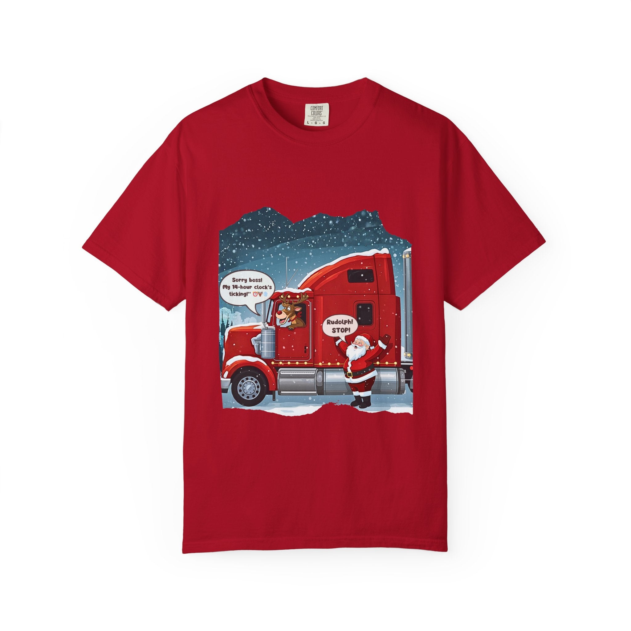 Trucking Christmas humor garment-dyed T-shirt featuring Santa beside a red semi truck in a snowy scene.