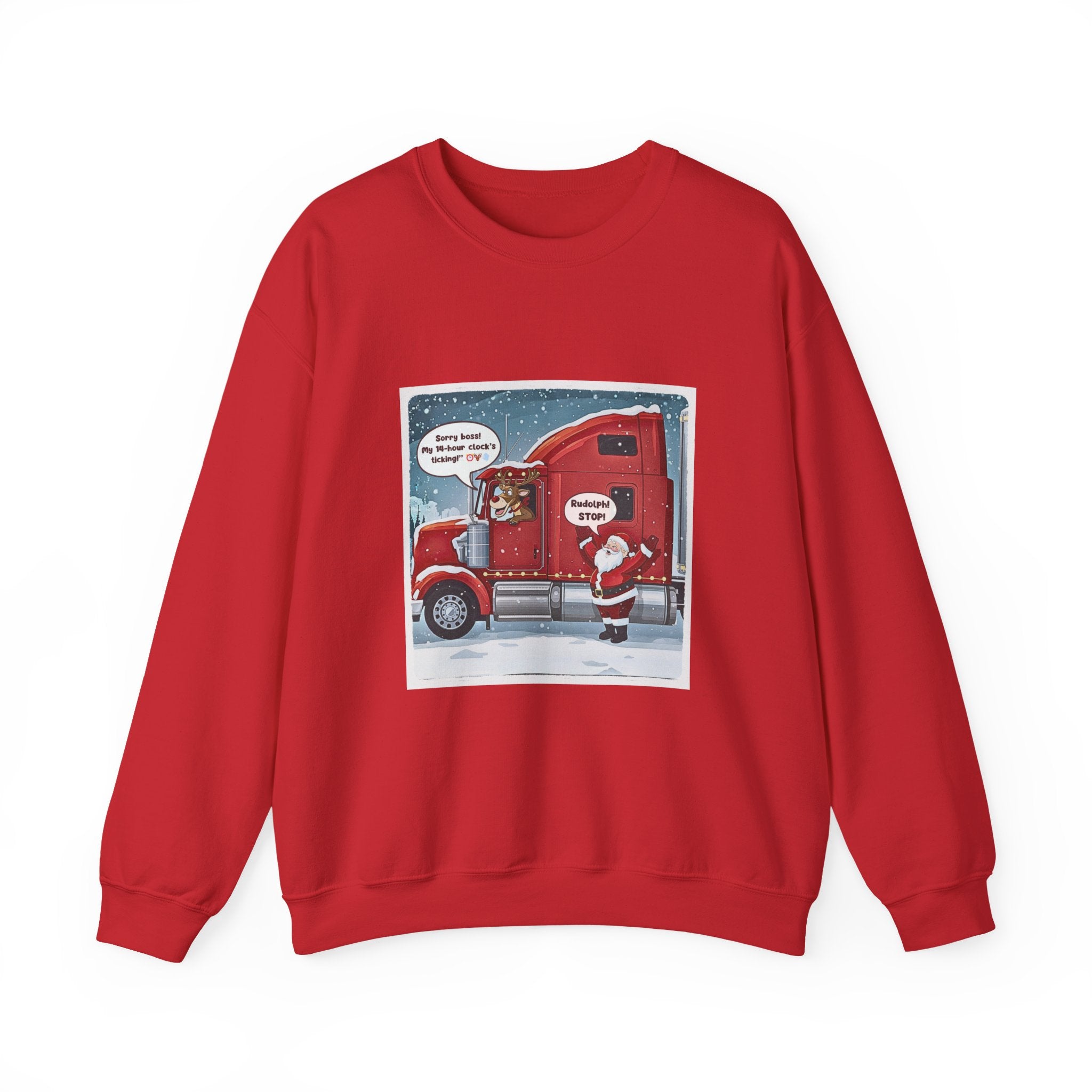 Funny Truck Driver Crewneck – “ELD Clock’s Ticking” Santa & Rudolph Trucker Christmas Sweatshirt