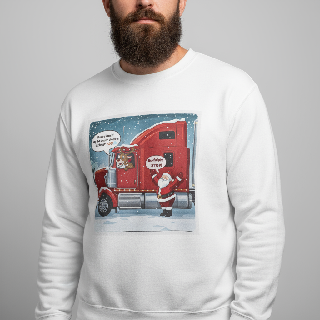 Funny Truck Driver Crewneck – “ELD Clock’s Ticking” Santa & Rudolph Trucker Christmas Sweatshirt