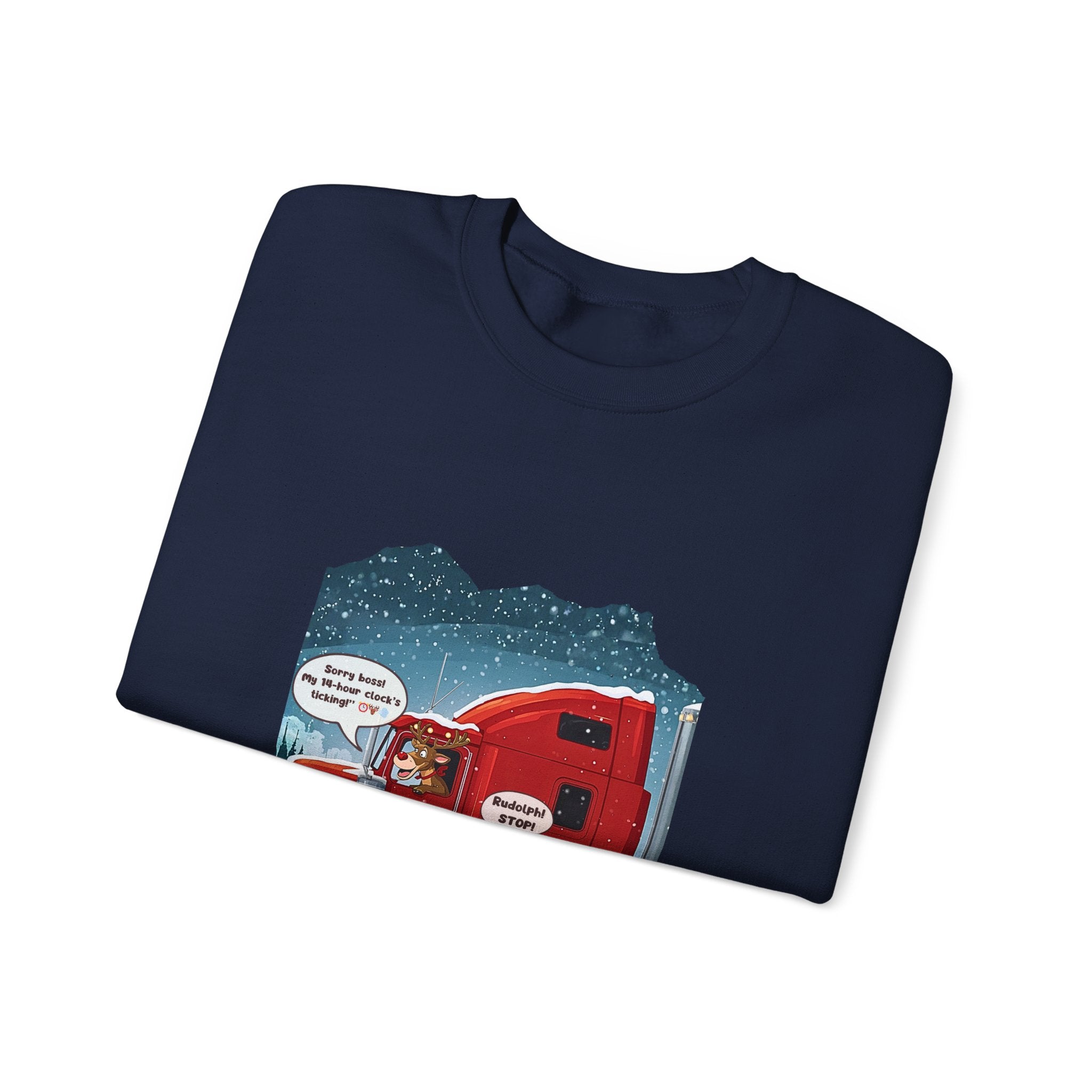 Funny Truck Driver Crewneck – “ELD Clock’s Ticking” Santa & Rudolph Trucker Christmas Sweatshirt