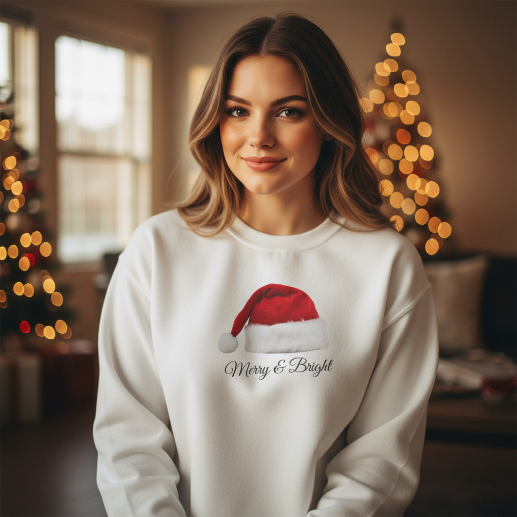 Santa Hat Merry and Bright Unisex Crew Neck Sweatshirt