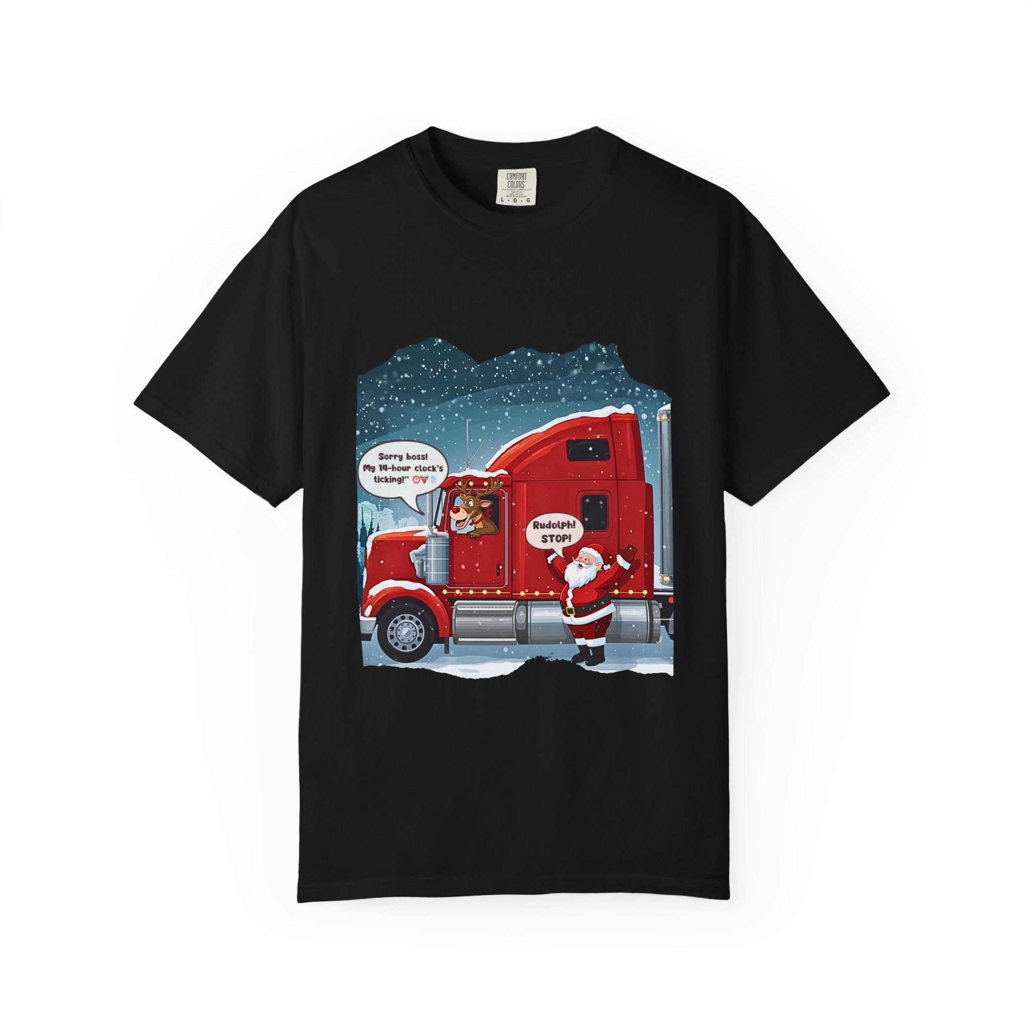 Trucking Christmas humor garment-dyed T-shirt with Santa and a red truck in a snowy scene.