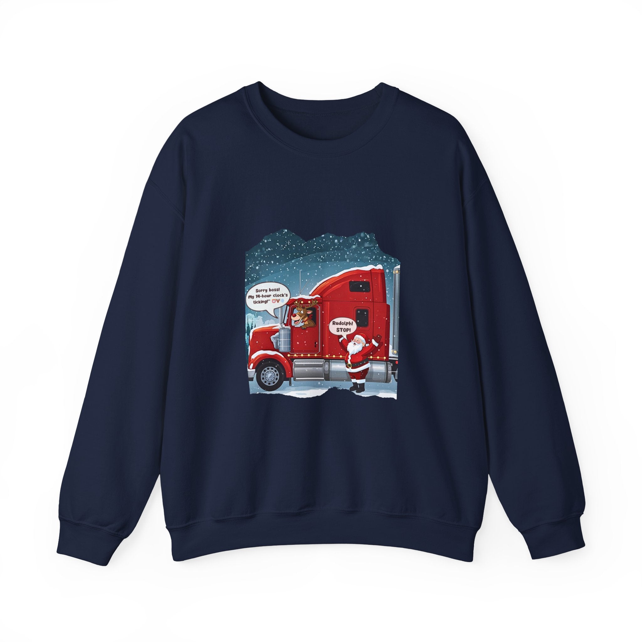 Funny Truck Driver Crewneck – “ELD Clock’s Ticking” Santa & Rudolph Trucker Christmas Sweatshirt