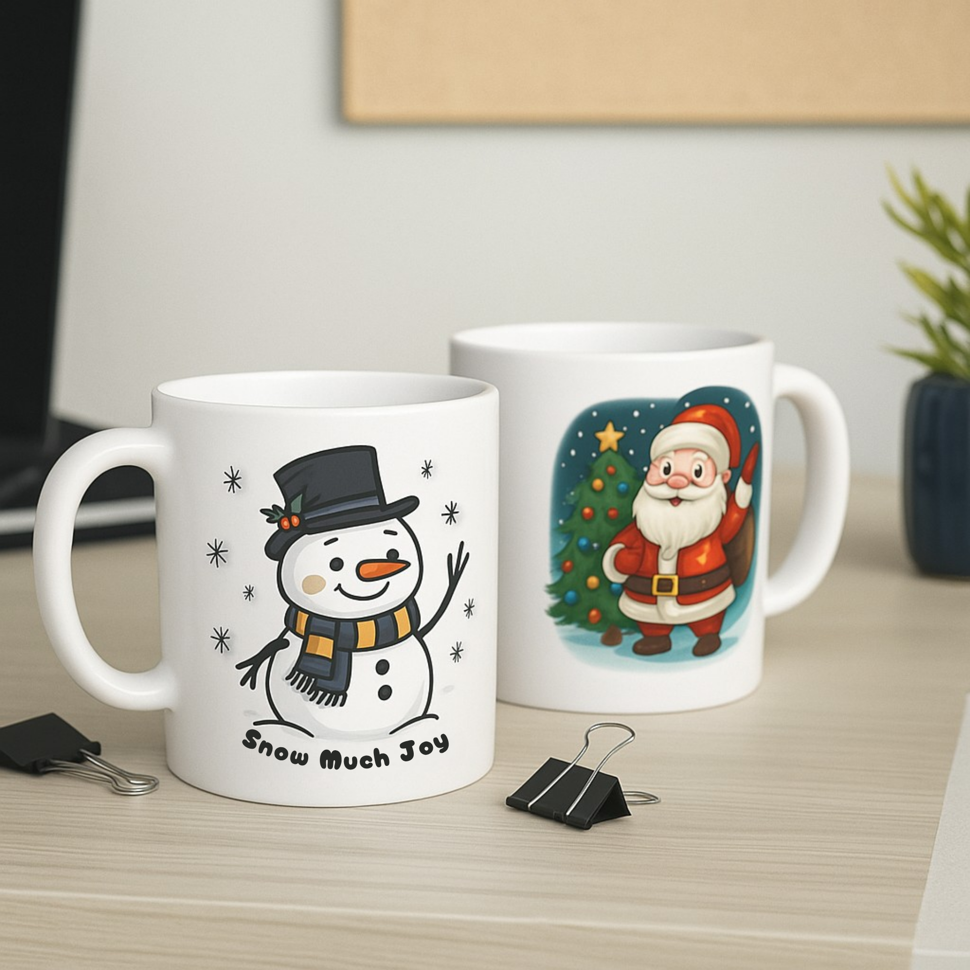 Christmas Ceramic Mugs Set Snowmen and Santa Designs
